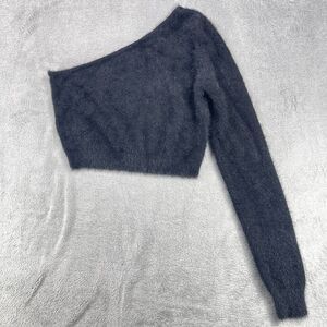 Meshki Megan Fluffy Off Shoulder Top Womens Medium Black Nylon Stretch Pullover
